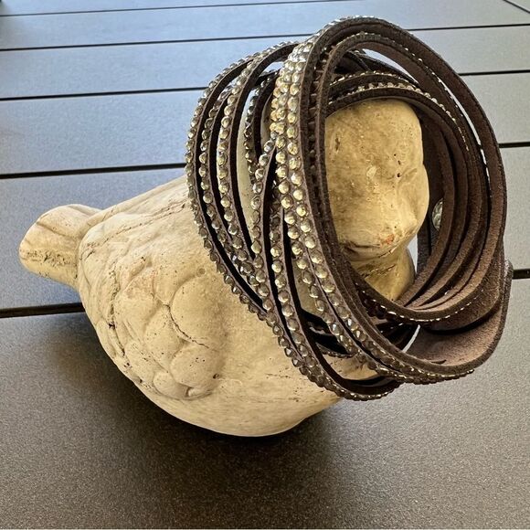 Rhinestone Gray Leather Wrap Bracelet - Picture 1 of 5